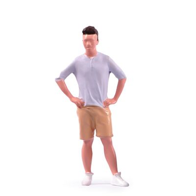 Confident Male Standing Figure with Hands on Hips - Casual Attire, Short-Sleeved Light Purple Shirt, Brown Shorts, White Sneakers, 1/18 - 1/87 Scales Available Male Standing Figure (Colored 1/64)