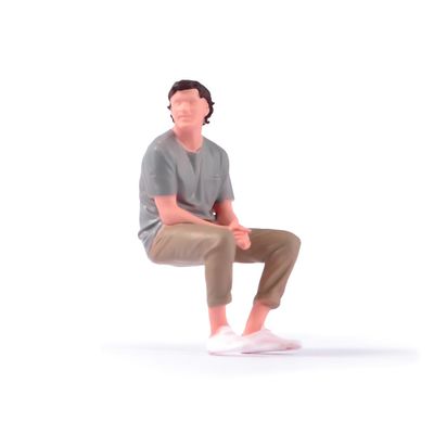 ORIELOAN Serene Male Sitting Figure in Meditative Pose - Gray Shirt, Brown Pants, White Shoes, Meditative Pose, 1/18 to 1/87 Scale Young Man with Curly Hair Thought & Sitting Posture (Colored 1/24)