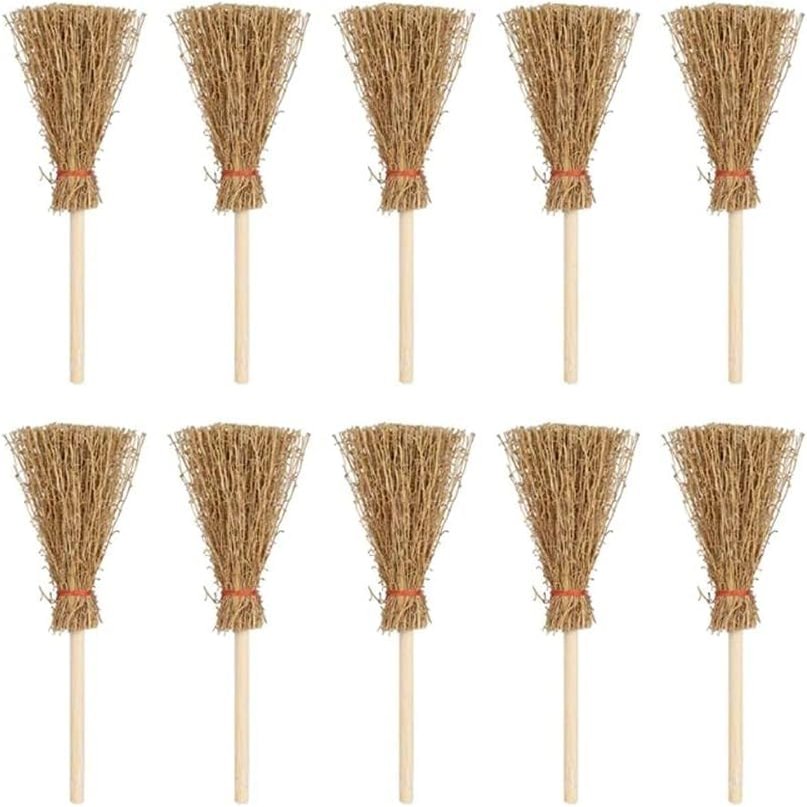10Pcs Mini Brooms, Witch Straw Brooms, Doll House Dollhouse Accessories Props Miniature Artificial, Mini Furniture Halloween Decoration Accessory for Costume Cosplay Party, Decorations