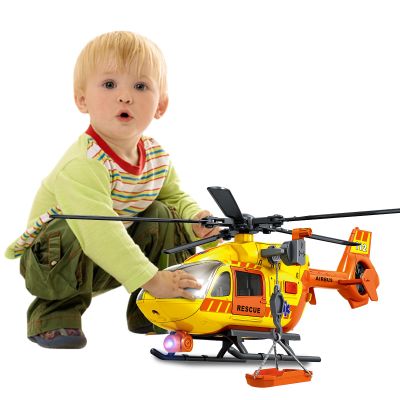 XUEXUE Large Rescue Helicopter Toy 15 Inch, Yellow Emergency Helicopter with Crane & Hanging Tray, Lights and Sounds, 112 Rescue Sign, Helicopter Toys for Kids 3-7, Birthday Gift