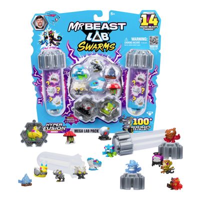 MrBeast Lab Swarms Series 3, Hyper Fusion Series, 14 Pack Collectible Micro Beasts, 14 Collectible Stickers & 4 Fusion Caps to Build Out Your Own MrBeast Lab - Septic Snow Globe