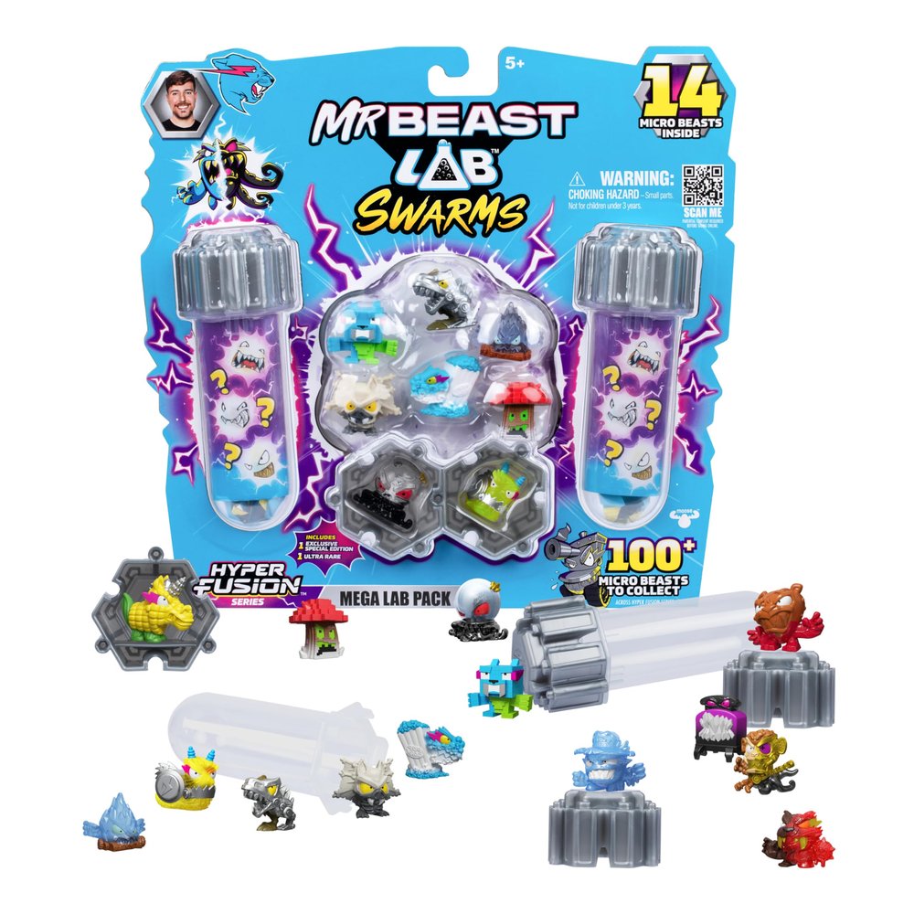 MrBeast Lab Swarms Series 3, Hyper Fusion Series, 14 Pack Collectible Micro Beasts, 14 Collectible Stickers & 4 Fusion Caps to Build Out Your Own MrBeast Lab - Septic Snow Globe
