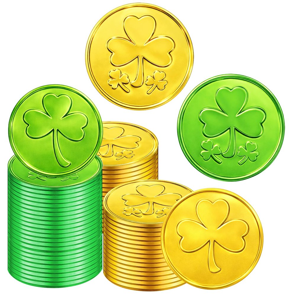 100 PCS St. Patrick's Day Coins - Lucky Gold Green Shamrock Clover Coins Party Favors for St. Patrick's Day Decorations, Irish Themed Party Supplies, Birthday, Parade Throws, Outdoor Treasure Hunts