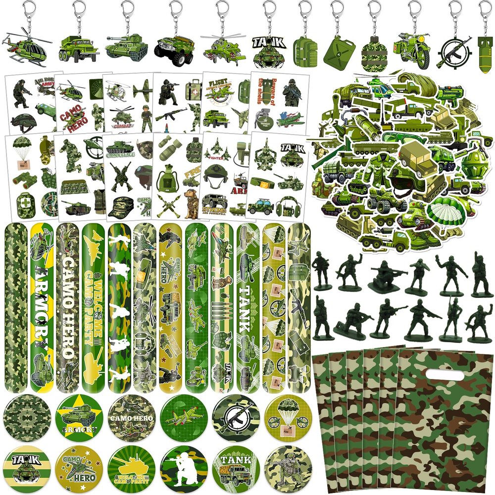 122 PCS Army Party Favors, Military Camo Temporary Tattoos Slap Bracelets Keychains Stickers Badges Goodie Bags Soldiers Figures for Army Birthday Party Decorations Gifts for Kids Classroom Rewards