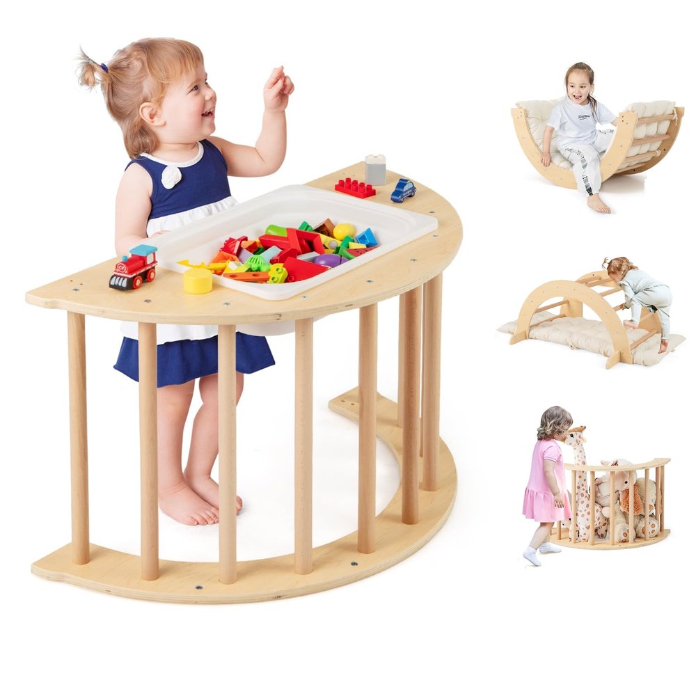 Costzon Wooden Arch Sensory Table for Kids, 6-in-1 Toddler Indoor Montessori Climbing Toys with Cushion, Foldable Storage Bin, Arch Climber Ladder Learning Playset for Kids Gift Presents