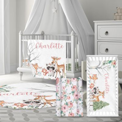 Personalized Baby Bedding Set with Name Woodland Animals Design - Custom Blanket, Fitted Crib Sheet, Changing Pad Cover & Room Rug 4-Piece Gift for Babies