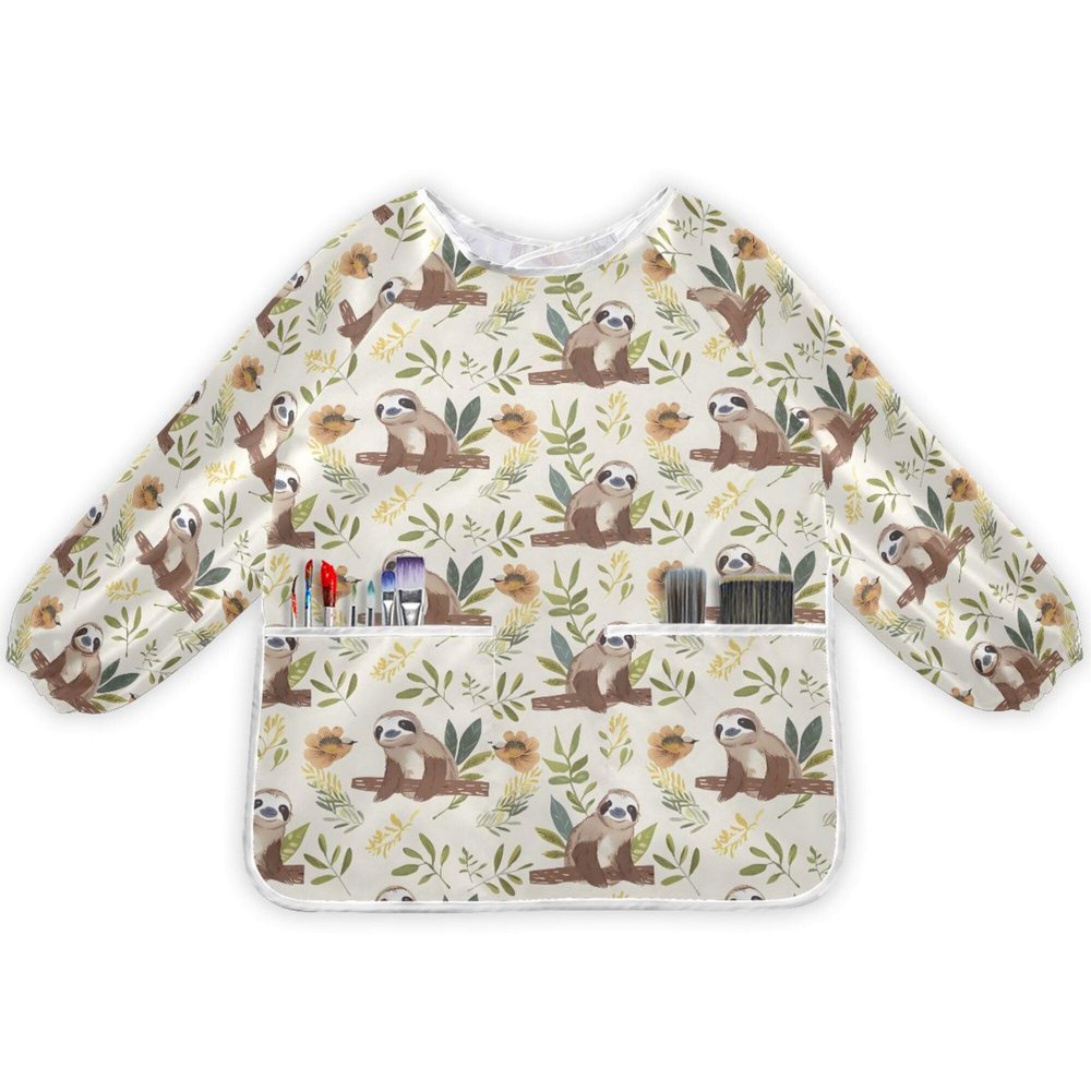 MNSRUU Smock for Kids Sloth Cartoon Cute Long Sleeve Kids Art Smock Paint Aprons with Pockets for Age 2-4 Years, S