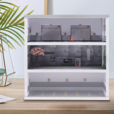 1:64 Scale 3-Tiers Vehicle Model Display Case, with Parking Lot Scene, Acrylic Model Car Display Case with LED Light & Dust Proof Door Garage Scene Model Display Cabinet for Toy Model Cars
