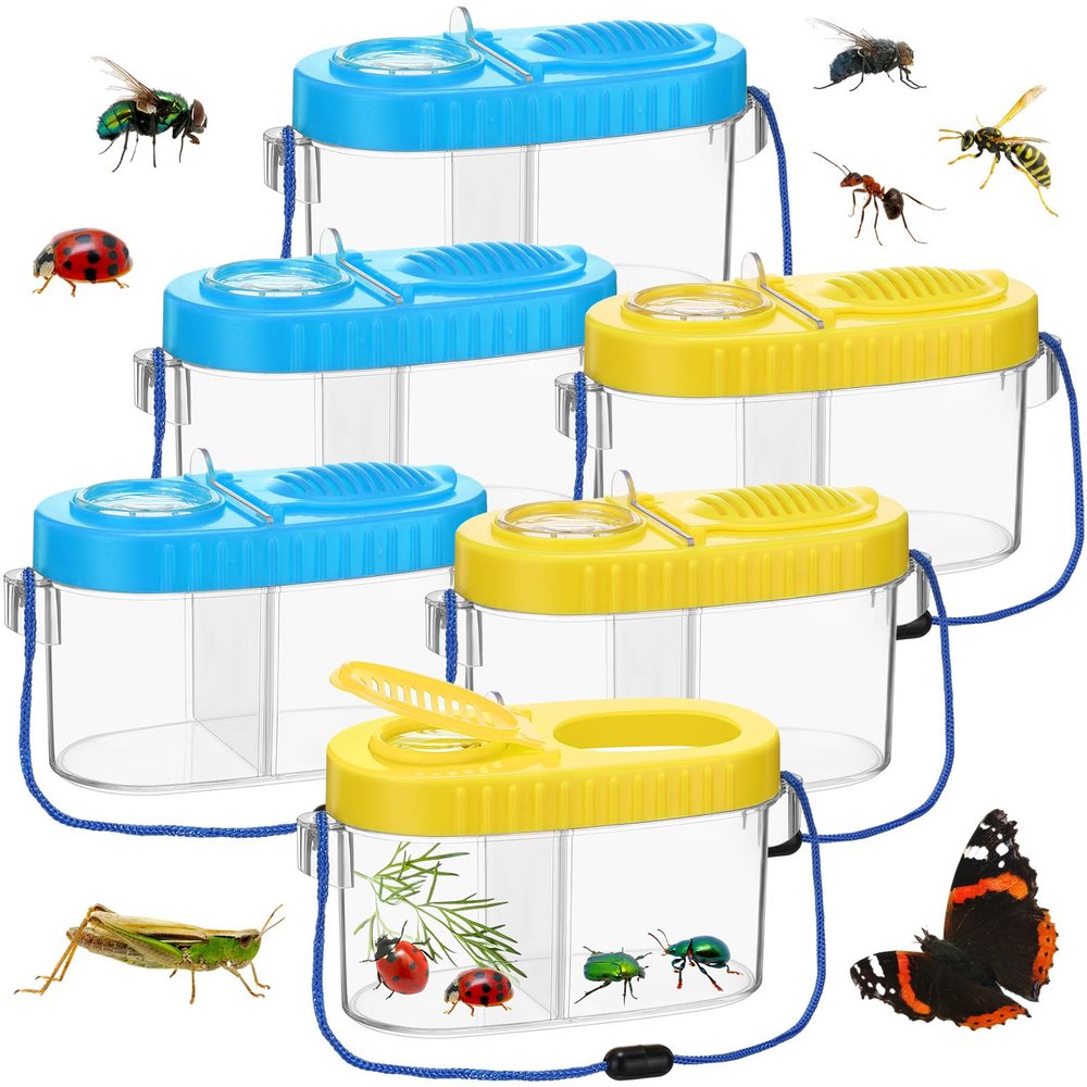 6 Pack Bug Catcher Kit for Kids Bulk Insect Habitat Viewer with Magnifying Glass Vents Portable Bug Collection Cage with Lanyard Nature Outdoor Explorer Set for Boys Girls Birthday Gift(YellowBlue)
