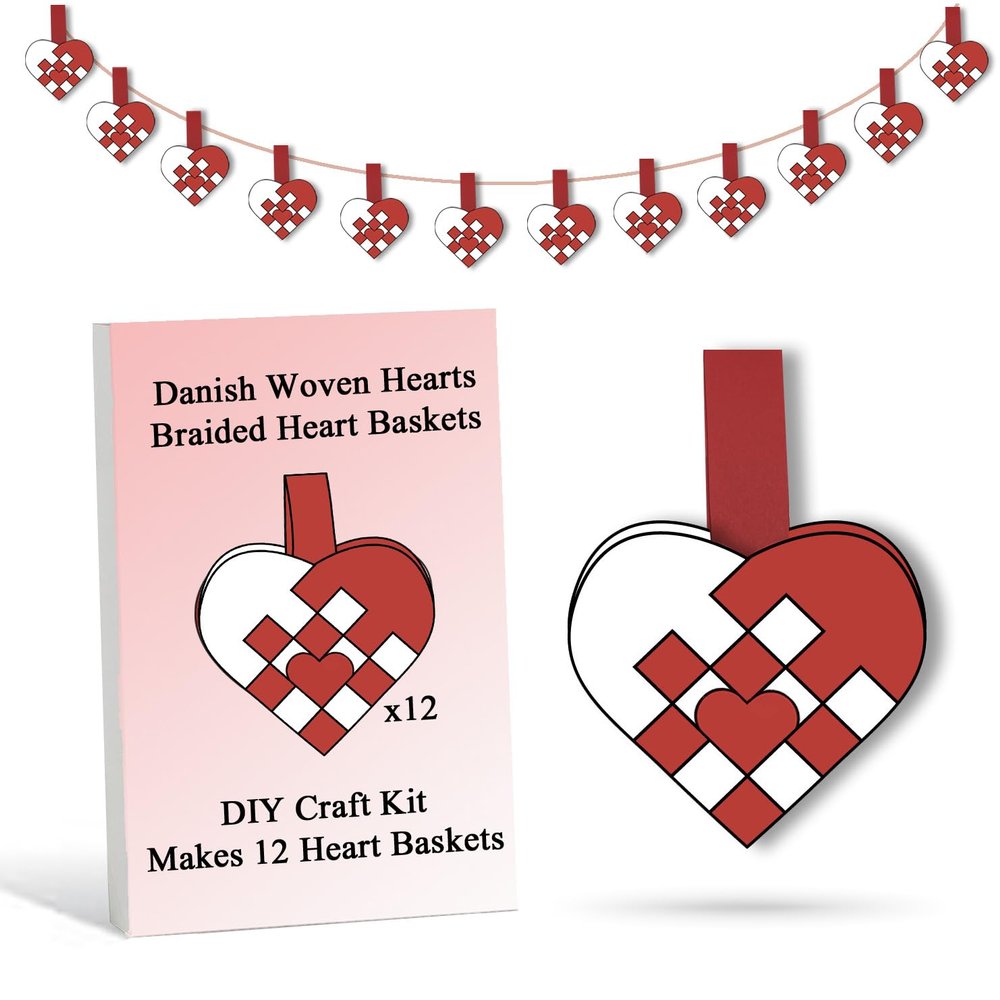 12 DIY Danish Heart Baskets. 4x4 Checkered Pattern with Central Heart. Precut and Ready to Use, No Tools Needed. Traditional Weaving Paper Craft to Make Julehjerter. for Expert Crafters Only