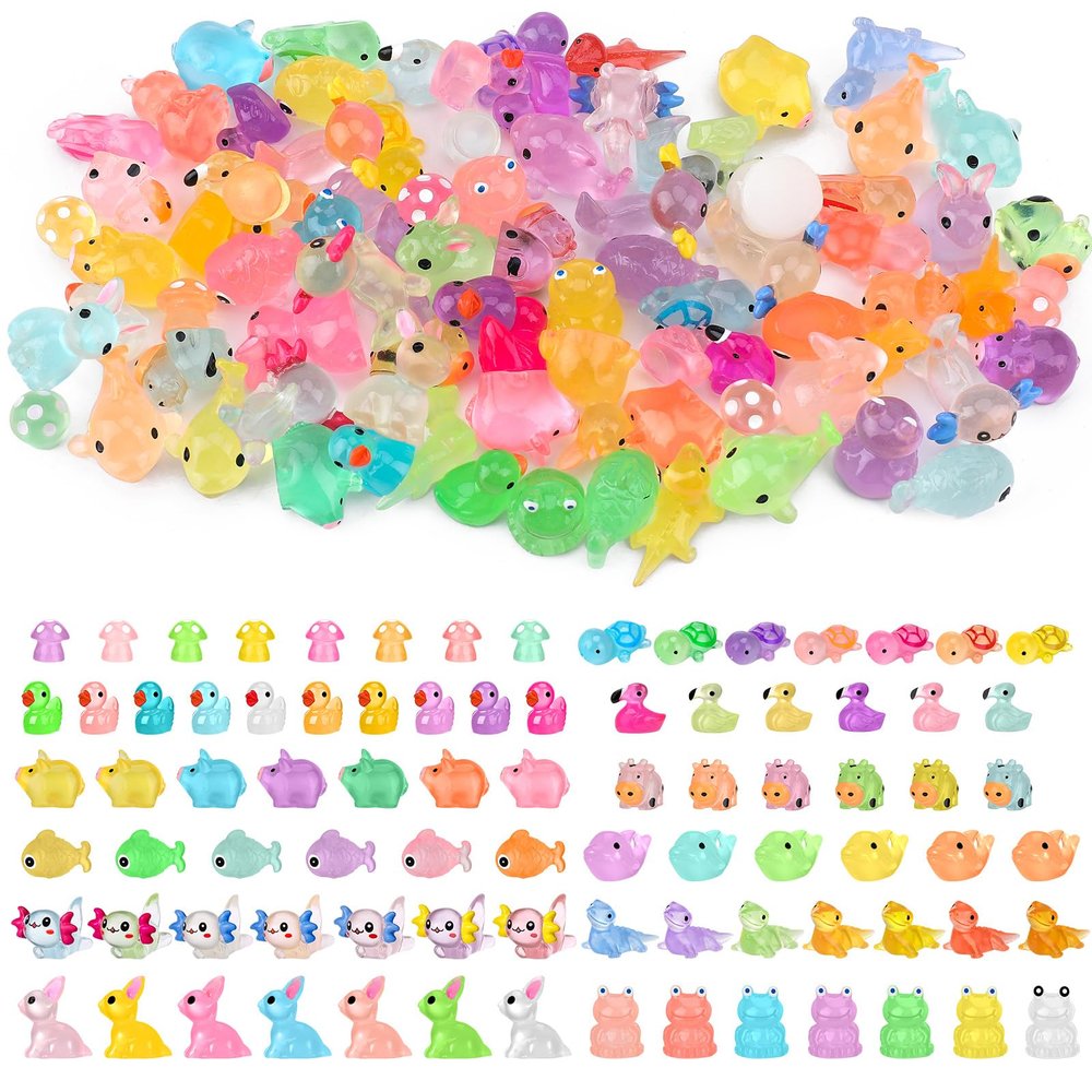 GGSTDDUP 84pcs Luminous Mini Resin Ducks, Fish, Salamander, Frog, Lizard, Rabbit, Pig, Dolphin, Flamingo, Cow, Mushroom, Turtle Glow in The Dark for Micro Landscape Dollhouse Garden (12 Styles)