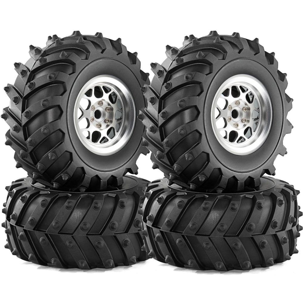 REDSPIDER Metal 2.2 Beadlock Wheels and Tires 2.2'' Crawler Monster Spike Tire(4pcs) for 1/10 RC Crawler Car TRX4 TRX6 Axial SCX10 90046 SCX10 III AXI03007 Tamiya CC01 D90 D110 (Silver)
