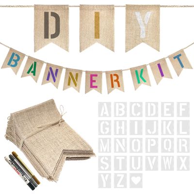 20 PCS Burlap Banner with 27 PCS Letters Stencil DIY Customizable Birthday Party Banners Decorations for Wedding, Camping