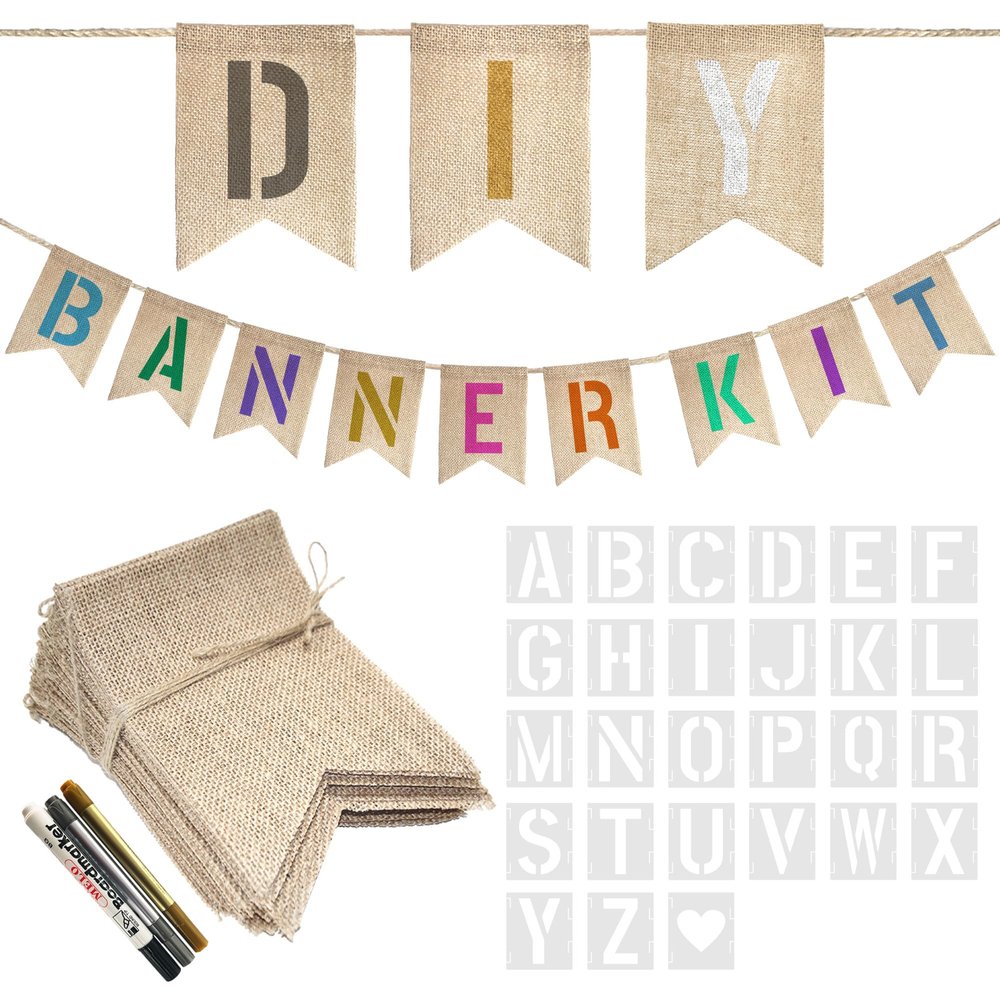 20 PCS Burlap Banner with 27 PCS Letters Stencil DIY Customizable Birthday Party Banners Decorations for Wedding, Camping