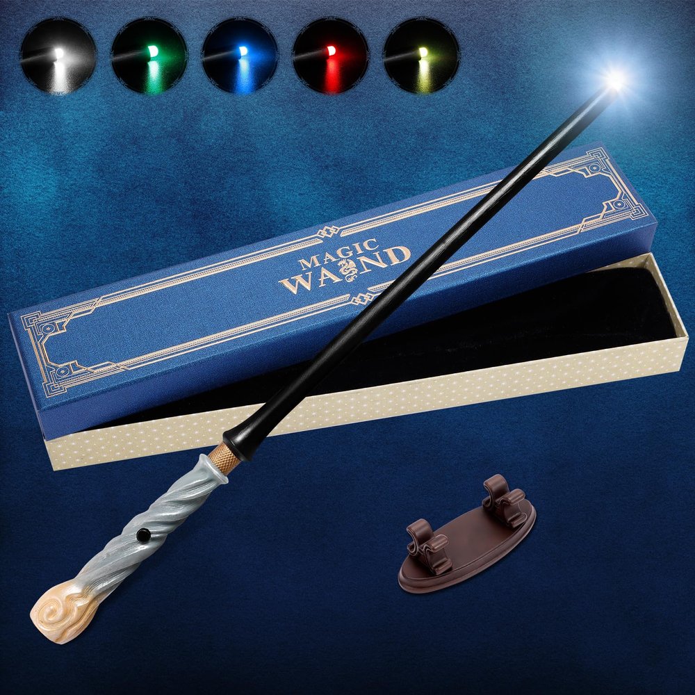 CharmFields Light Up Magic Wizard Wand with 5 Static Light Colors, Rechargeable Illuminating Resin Witch Wand for Kids Collection Cosplay, with Mini Stand Display, Shell