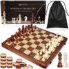 2 in 1 Wooden Chess and Checkers Set - Folding Magnetic Chess Board with Storage Slots, Chess Pieces, Portable Travel Chess Set for Adults & Kids, Includes Carry Bag view 1