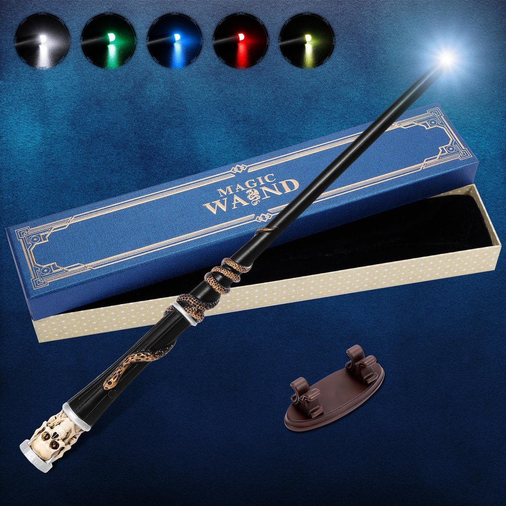 CharmFields Light Up Magic Wizard Wand with 5 Static Light Colors, Rechargeable Illuminating Resin Witch Wand for Kids Collection Cosplay, with Mini Stand Display, Skull