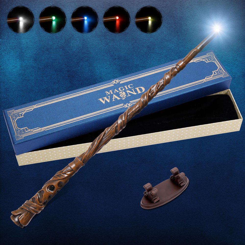 CharmFields Light Up Magic Wizard Wand with 5 Static Light Colors, Rechargeable Illuminating Resin Witch Wand for Kids Collection Cosplay, with Mini Stand Display, Blossom