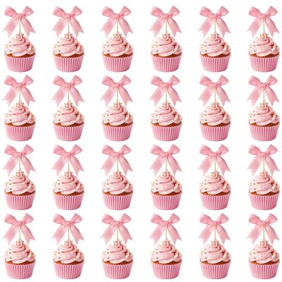 12pcs Pink Bow Cupcake Toppers, Bowknot Cupcake Toppers Pink Ribbon Bow Cake Topper Picks Birthday Decorations for Wedding Baby Shower Bachelorette Party