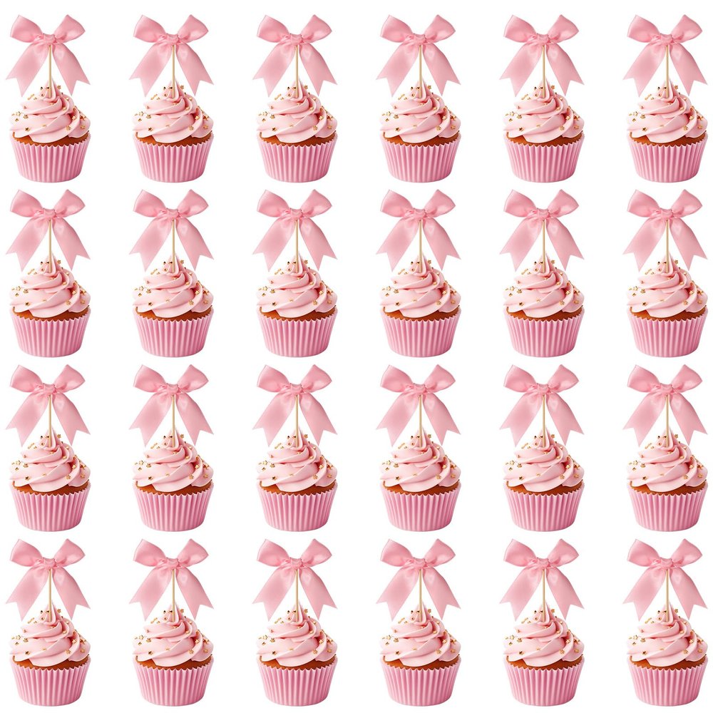 12pcs Pink Bow Cupcake Toppers, Bowknot Cupcake Toppers Pink Ribbon Bow Cake Topper Picks Birthday Decorations for Wedding Baby Shower Bachelorette Party
