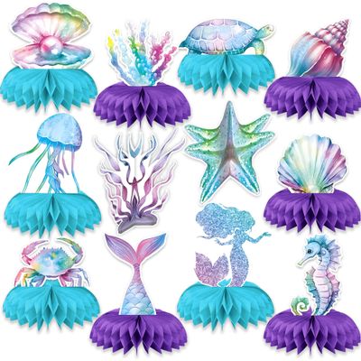 12PCS Mermaid Birthday Decorations Mermaid Birthday Honeycomb Centerpieces Mermaid Table Decorations for Under The Sea Party Decorations, Baby Shower, Ocean Theme Events, Kids Birthday Party Favors