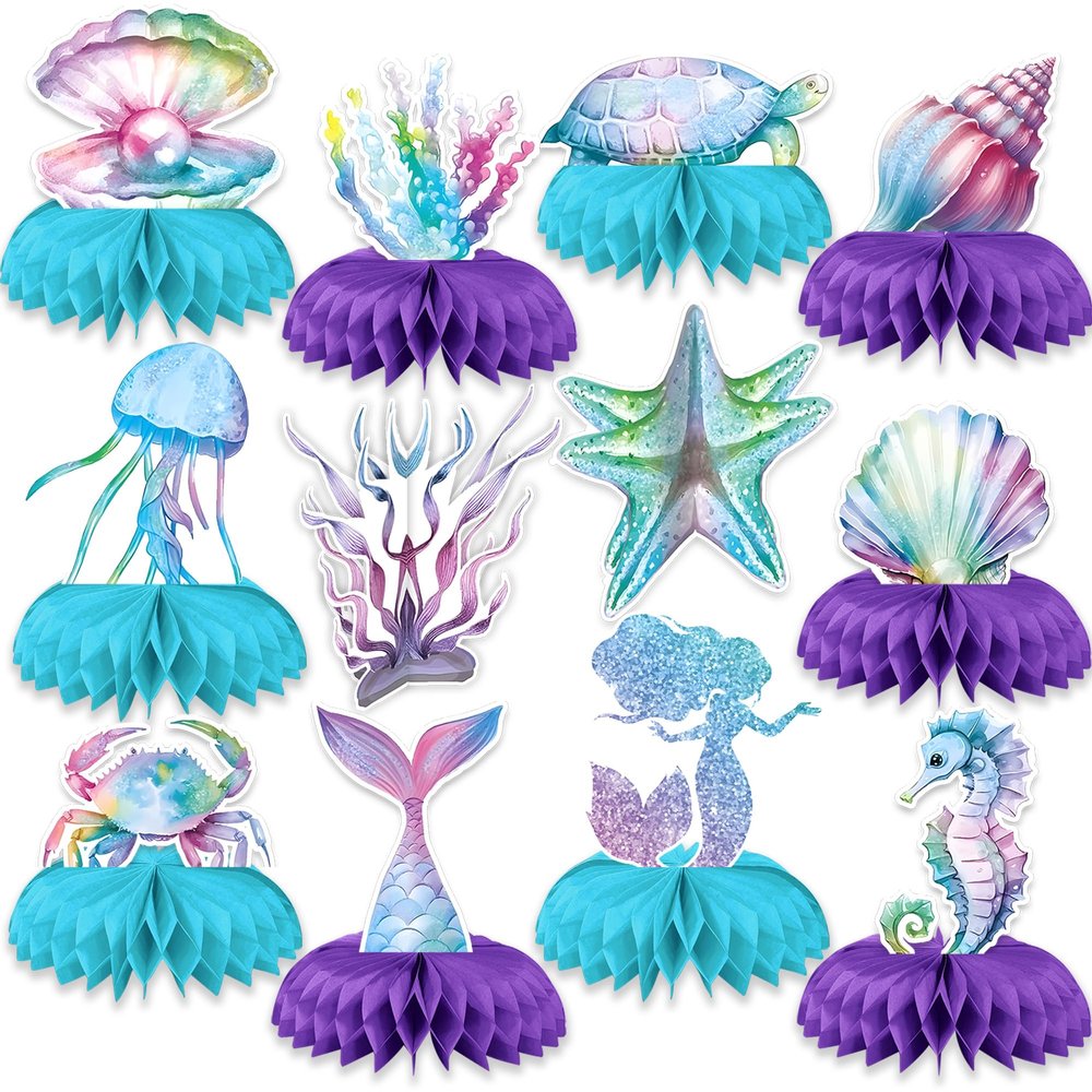 12PCS Mermaid Birthday Decorations Mermaid Birthday Honeycomb Centerpieces Mermaid Table Decorations for Under The Sea Party Decorations, Baby Shower, Ocean Theme Events, Kids Birthday Party Favors