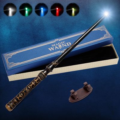 CharmFields Light Up Magic Wizard Wand with 5 Static Light Colors, Rechargeable Illuminating Resin Witch Wand for Kids Collection Cosplay, with Mini Stand Display, Bronzeware
