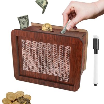 10000 Savings Challenge Box,Cash Vault Wooden Savings Box,kakeibo Money Box,Wooden Piggy Bank Coin Bank with Counting Target,The Best Gift for Boys, Girls, and Friends (Brown)