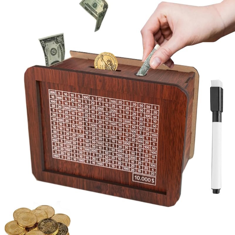 10000 Savings Challenge Box,Cash Vault Wooden Savings Box,kakeibo Money Box,Wooden Piggy Bank Coin Bank with Counting Target,The Best Gift for Boys, Girls, and Friends (Brown)