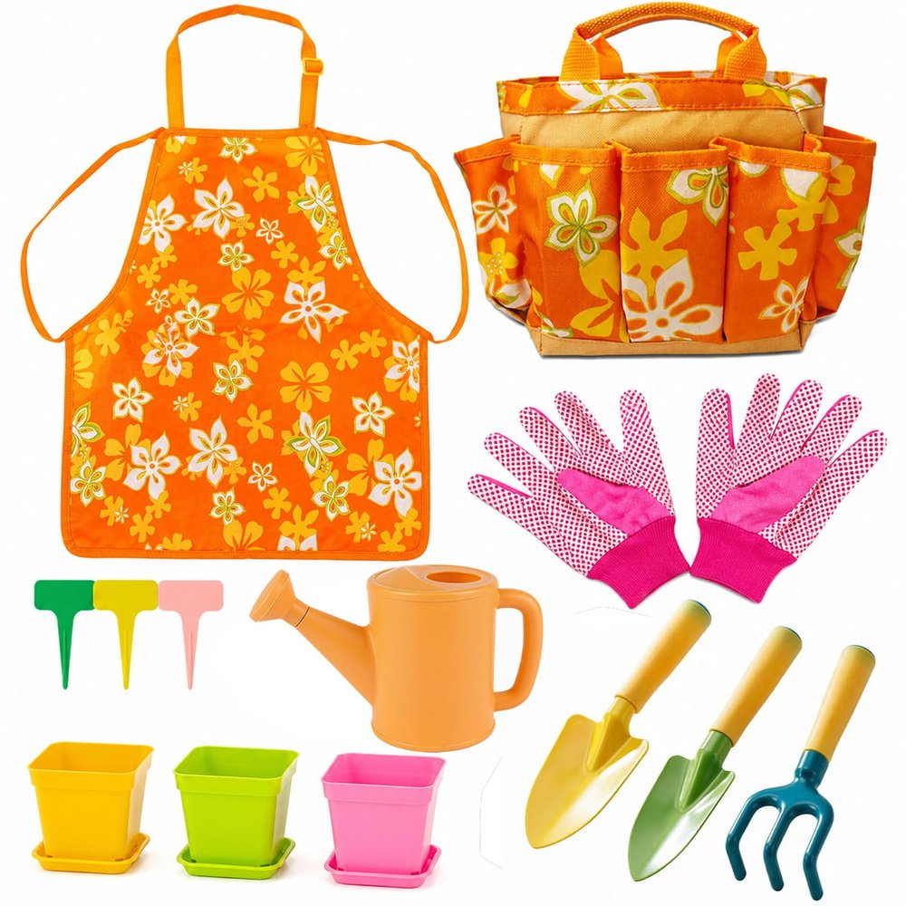 Hummigoo Kids Gardening Set for Girls Boys Ages 3-7,13PCS Garden Tool Kit with Apron,Tote Bag,Outdoor STEM Learning Toy,Garden Gifts for Kids