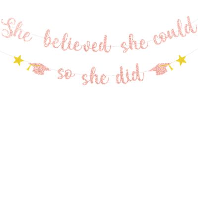 2025 Graduation Banner, Glittery She Believed She Could So She Did Banner Photo Props Banner for Party Home Classroom Decorations (Pink)