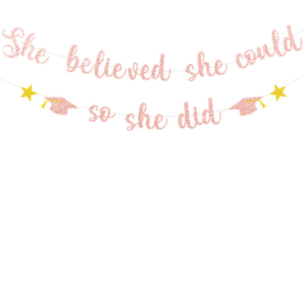 2025 Graduation Banner, Glittery She Believed She Could So She Did Banner Photo Props Banner for Party Home Classroom Decorations (Pink)