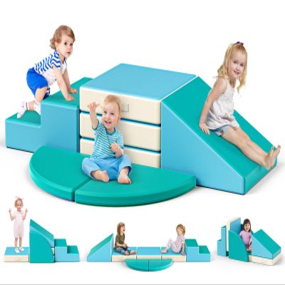 Lischwert Foam Climbing Blocks for Toddlers 1-3, 5pcs Foldable Soft Play Set with Crawling Exploration Toys - Indoor Infant Safe Blocks for Baby Gym & Toddler Playground - Blue