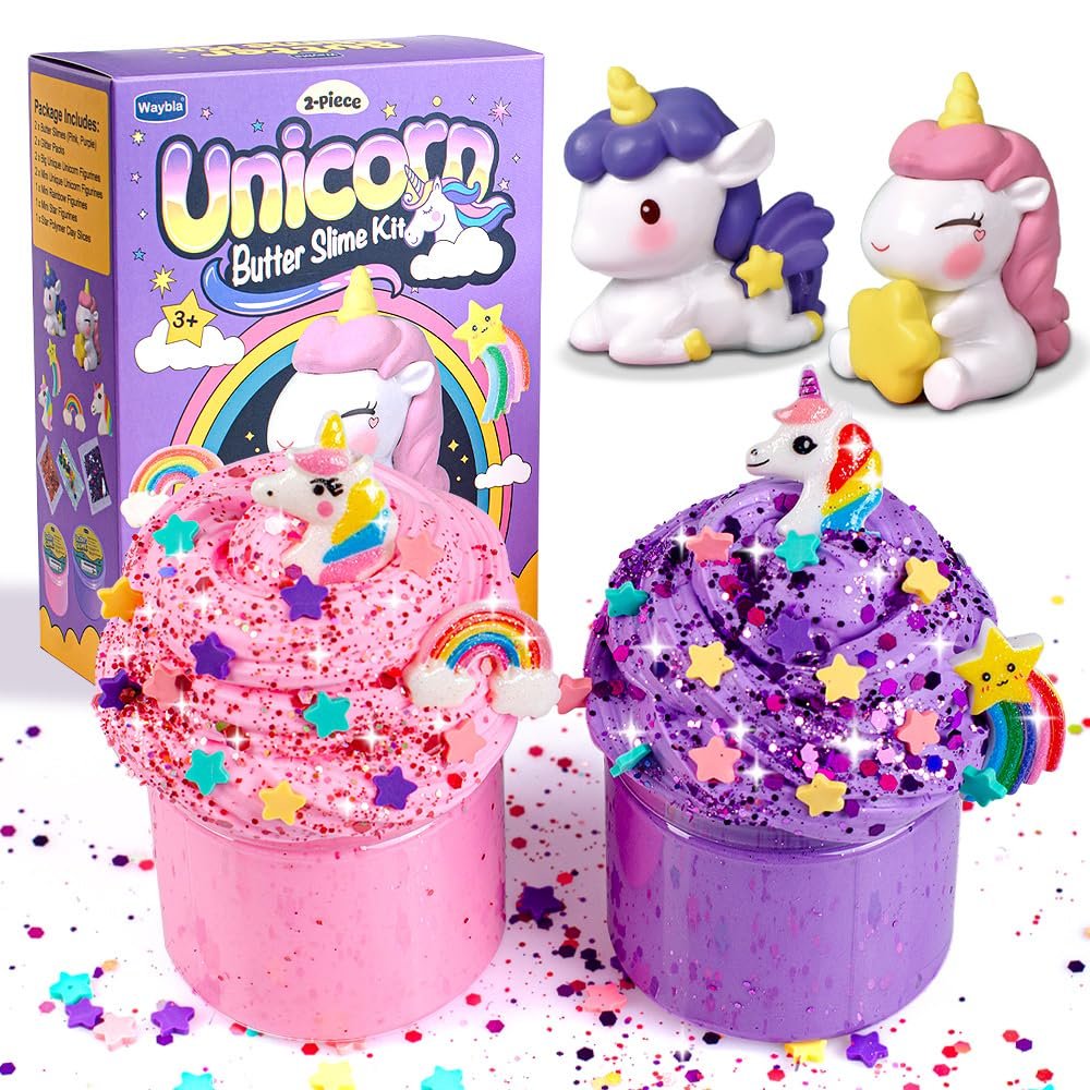 Waybla 2 Pack Butter Slime Kit for Kids with Glitter, Unicorn Figurines, Rainbow & Star Accessories  DIY Slime Toy Gift for Girls & Boys, Party Favors, Stocking Stuffers, Easter Basket Stuffers