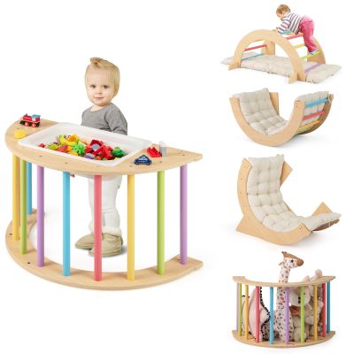 HONEY JOY Wooden Arch Climber with Cushion, Montessori Sensory Table for Kids w/Foldable Storage Bin, Baby Rocker Ladder Play Gym, Toddler Climbing Toys Indoor, Learning Gift for Kids 1-8 (Colorful)