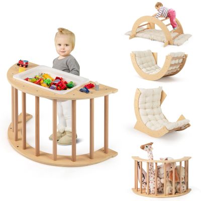 HONEY JOY Wooden Arch Climber with Cushion, Montessori Sensory Table for Kids w/Foldable Storage Bin, Baby Rocker Ladder Play Gym, Toddler Climbing Toys Indoor, Learning Gift for Kids 1-8 (Natural)