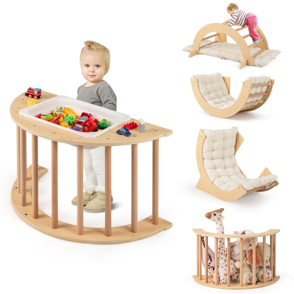 HONEY JOY Wooden Arch Climber with Cushion, Montessori Sensory Table for Kids w/Foldable Storage Bin, Baby Rocker Ladder Play Gym, Toddler Climbing Toys Indoor, Learning Gift for Kids 1-8 (Natural)