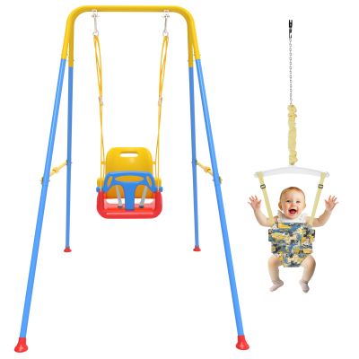 2 in 1 Toddler Swing & Baby Jumper, Foldable Baby Bouncer with Soft Cushion, Foldable Indoor & Outdoor Use, Easy to Install & Store Swing Sets for Backyard Play (Blue)