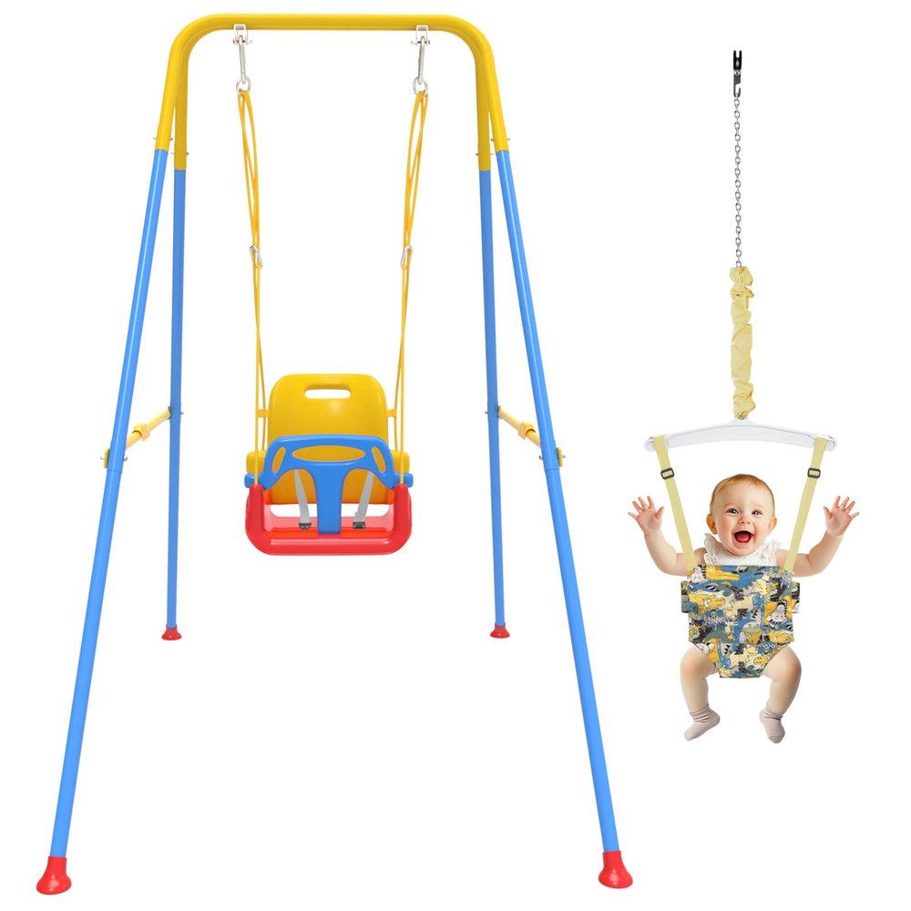 2 in 1 Toddler Swing & Baby Jumper, Foldable Baby Bouncer with Soft Cushion, Foldable Indoor & Outdoor Use, Easy to Install & Store Swing Sets for Backyard Play (Blue)