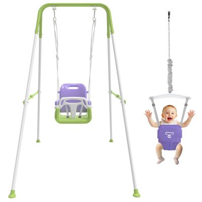 2 in 1 Toddler Swing & Baby Jumper, Foldable Baby Bouncer with Soft Cushion, Foldable Indoor & Outdoor Use, Easy to Install & Store Swing Sets for Backyard Play (Purple)