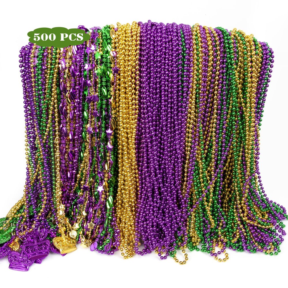 EOBOH 500PCS Mardi Gras Beads Throws, Bulks Green Purple Gold Metallic Mardi Gras Beads Necklaces Accessories Bulks, Beads Necklace Costumes for Parade Throws Party Decorations Supplies