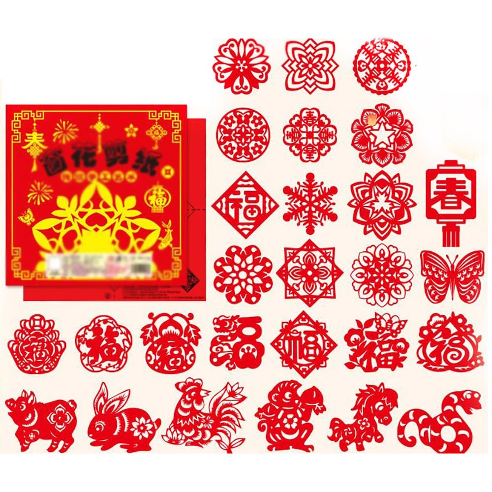 12PCS/30PCS/90PCS Chinese Paper Cutting Kit, Red Fun Paper Art Crafts Kits for Window Decoration Spring Festival Chinese New Year Celebration Activity, Creative Handmade Paper-Cut
