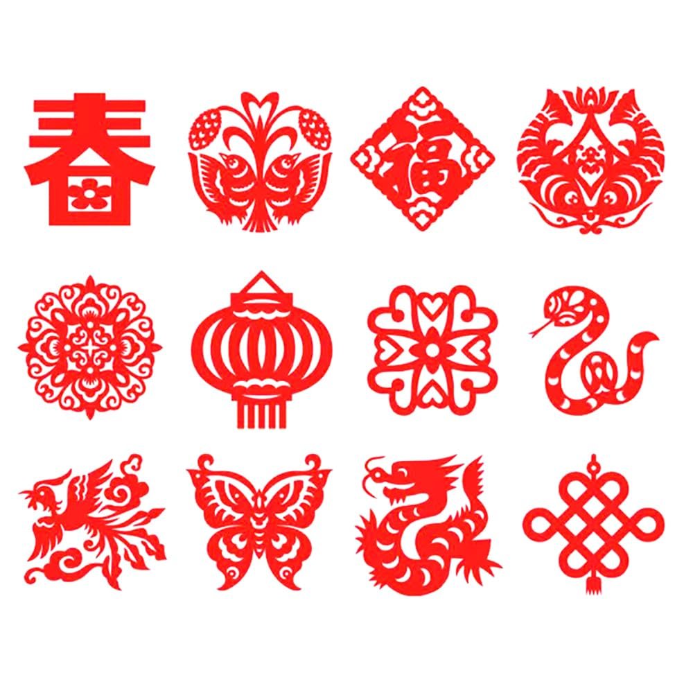 12PCS/30PCS/90PCS Chinese Paper Cutting Kit, Red Fun Paper Art Crafts Kits for Window Decoration Spring Festival Chinese New Year Celebration Activity, Creative Handmade Paper-Cut