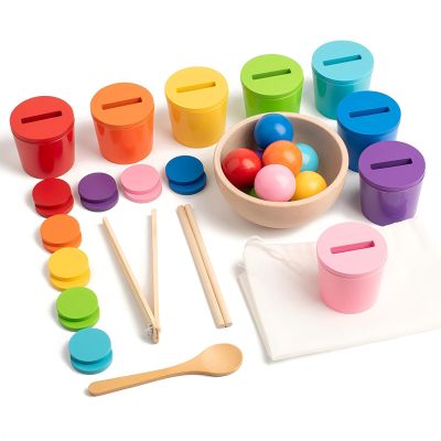 Ball in Cups Toddler Montesssori Toys for 1 Years Old, Rainbow Color Sorting Toy Coin Box Matching Game, Wooden Learning Color for Baby Toddler Age 1-3, Fine Motor Developmental Infants Sensory Toy
