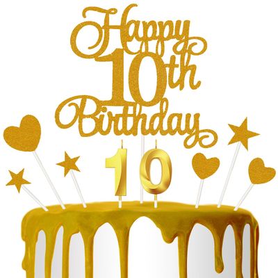 10th Birthday Cake Decoration, 10th Birthday Candle Golden Number Candle Happy Cake Toppers Anniversary Party Celebration Dessert Decoration