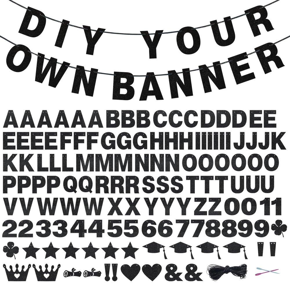 131 PCS Custom Banner Glitter DIY Letter Banners Personalized Banner for Birthday Congratulations Wedding Party Black 5-inch