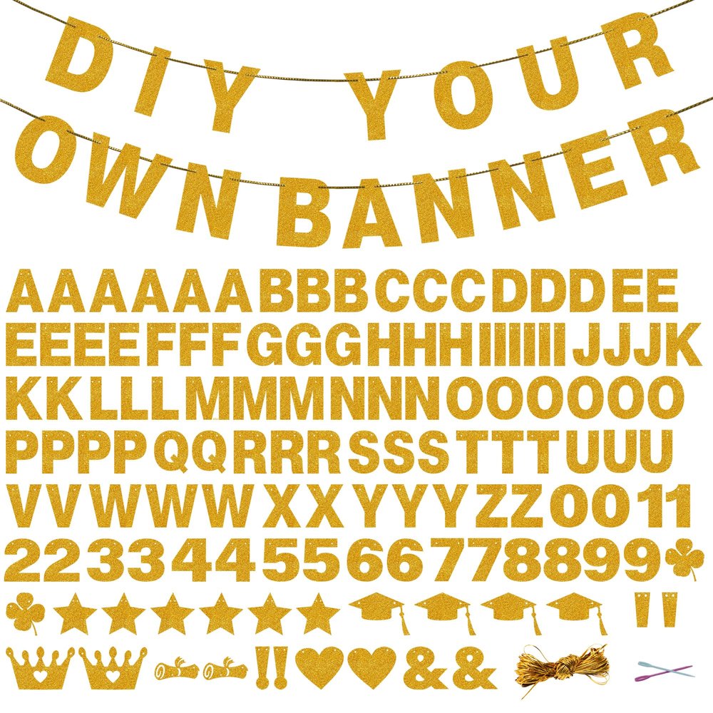 131 PCS Custom Banner Glitter DIY Letter Banners Personalized Banner for Birthday Congratulations Wedding Party Golden Glitter 5-inch