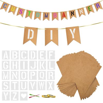 20 PCS DIY Custom Banner Set with Letter Stencils Ribbon, Customizable Party Sign Kit Blank Banner for Events Decoration Brown