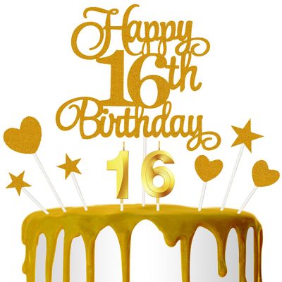 16th Birthday Cake Decoration, 16th Birthday Candle Golden Number Candle Happy Cake Toppers Anniversary Party Celebration Dessert Decoration