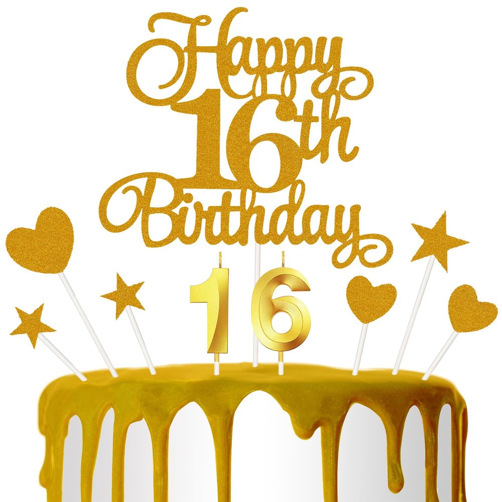16th Birthday Cake Decoration, 16th Birthday Candle Golden Number Candle Happy Cake Toppers Anniversary Party Celebration Dessert Decoration